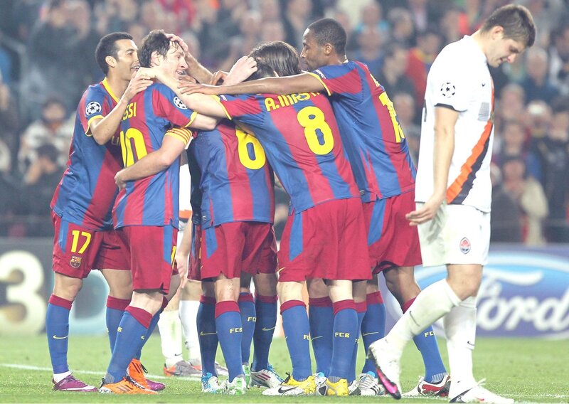 Barcelona players celebrate goal