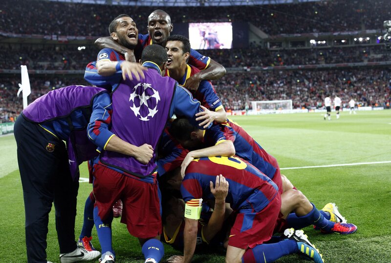 Barcelona players celebrate victory