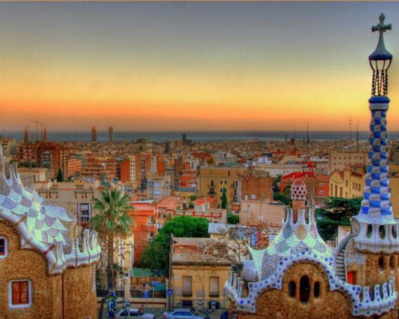 Barcelona skyline at sunset