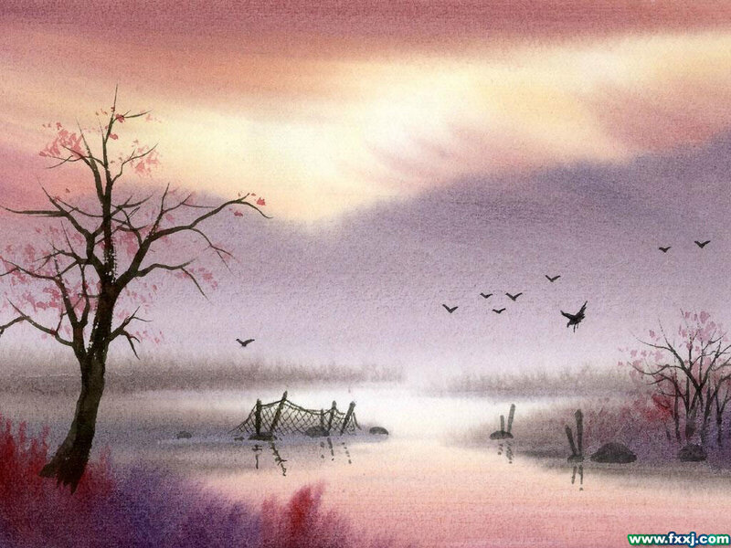Bare Tree by Lake — Pink