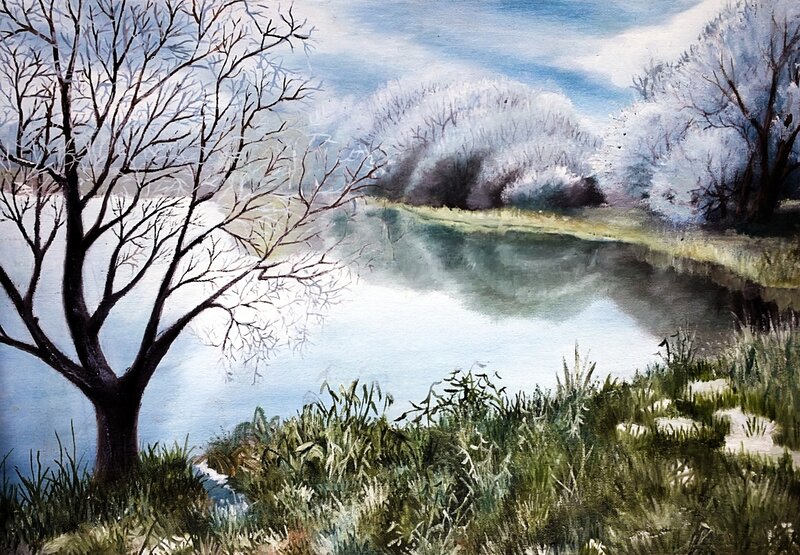 Bare Tree by River — Blue, Serene, Winter