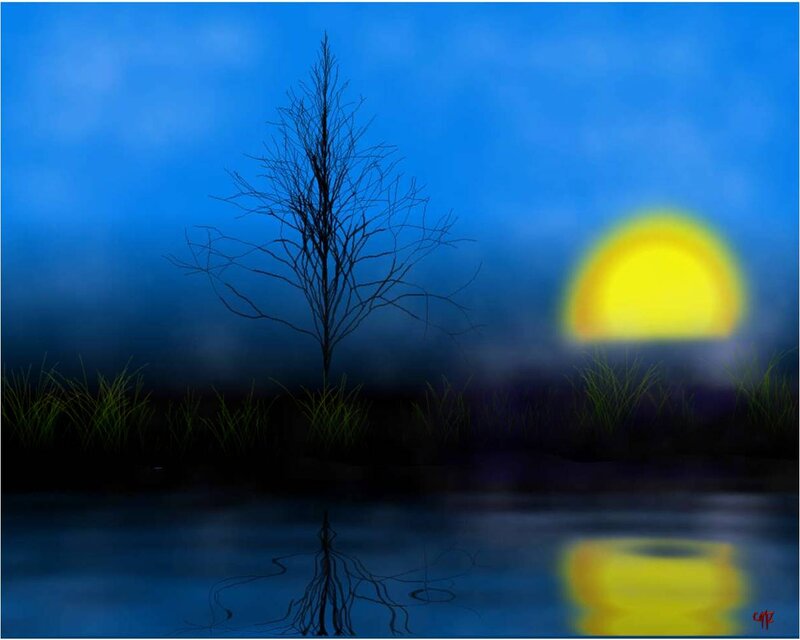 Bare Tree by Water — Blue, Serene