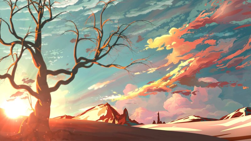 Bare Tree in Desert — Orange, Dramatic