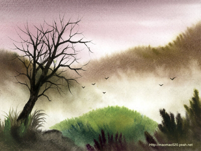 Bare Tree in Misty Landscape — Green