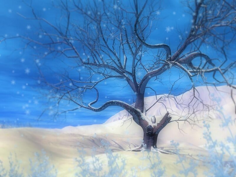 Bare Tree in Snow — Blue, Serene, Winter, Digital Art