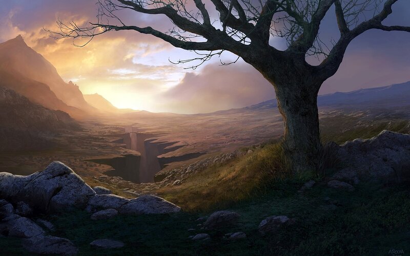 Bare Tree on Hillside — Brown, Dramatic, Sunrise