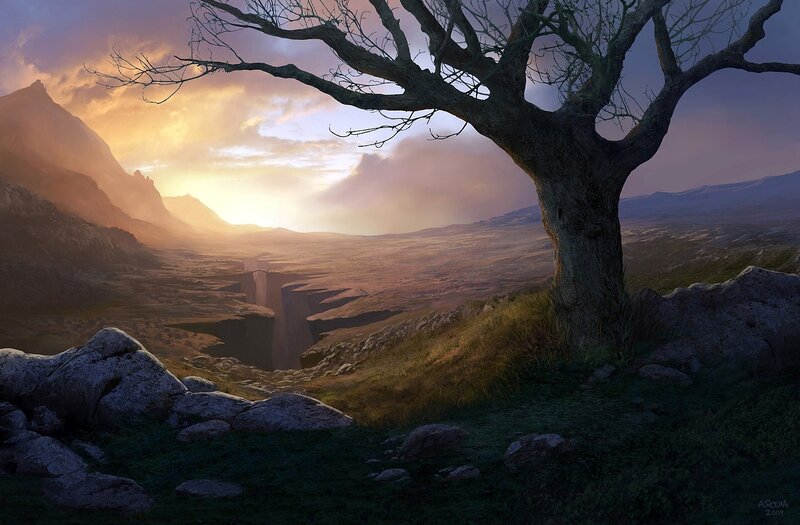 Bare Tree on Hillside — Purple, Dramatic, Sunrise