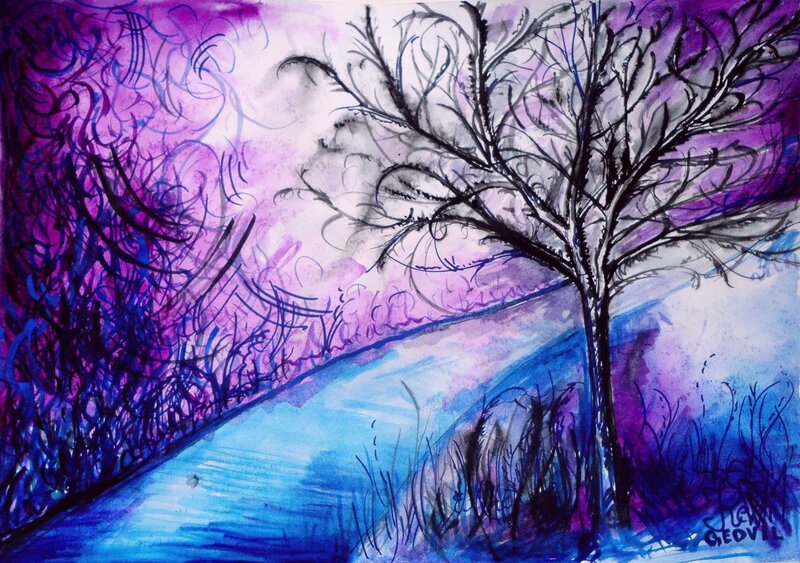 Bare Tree on Hillside — Purple, Dramatic