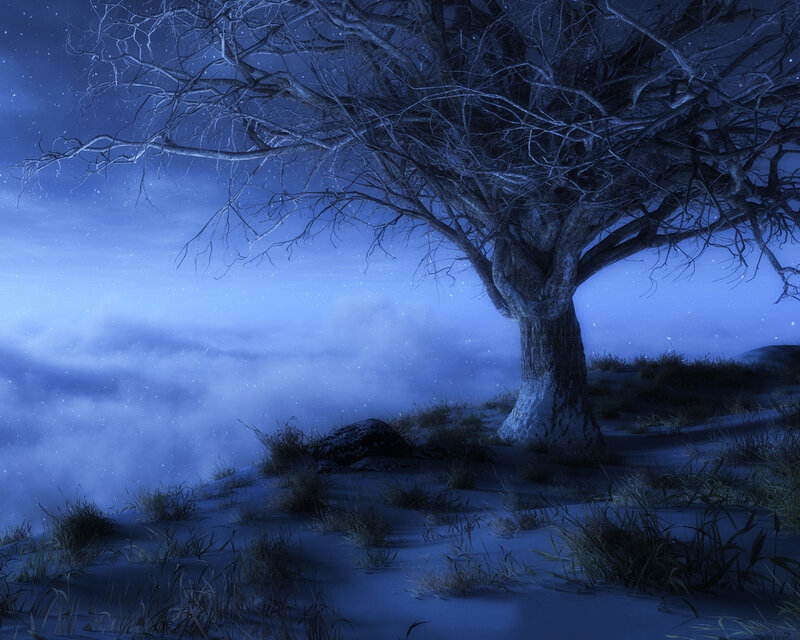 Bare Tree on Snowy Hill — Blue, Serene, Night, Digital Art, Snow