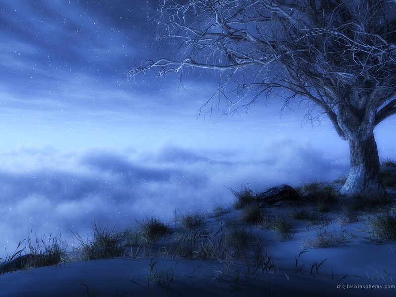 Bare Tree on Snowy Hill — Blue