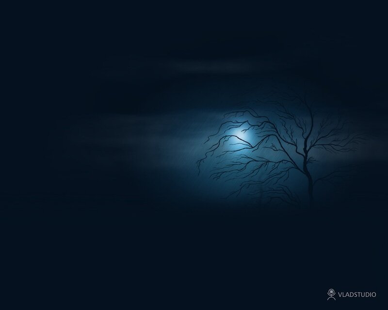 Bare Tree Silhouette — Blue, Dark, Night, Digital Art