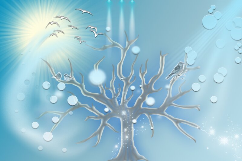 Bare Tree with Birds — Blue