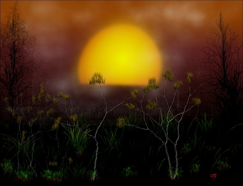 Bare Trees at Sunset — Yellow, Dramatic, Digital Art