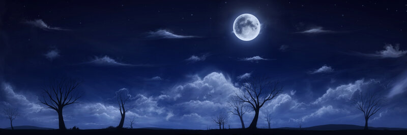 Bare Trees under Moon — Blue, Serene, Night, Digital Art