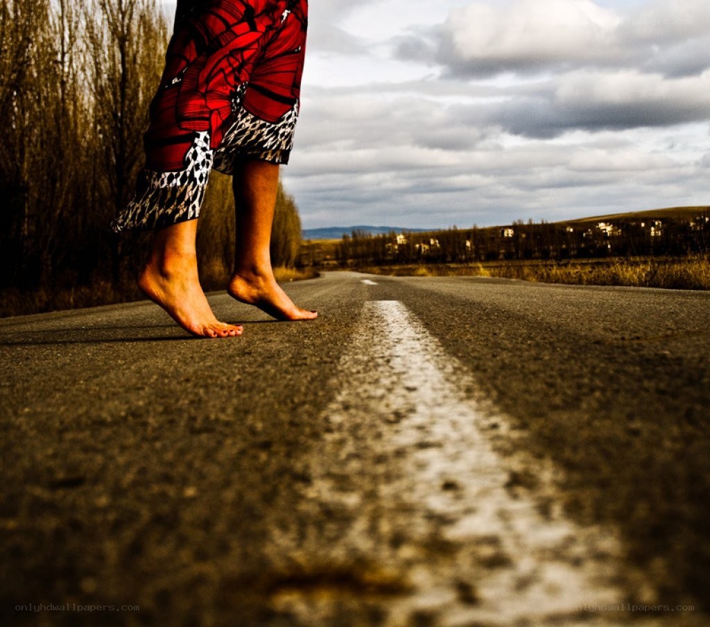 Barefoot on a country road