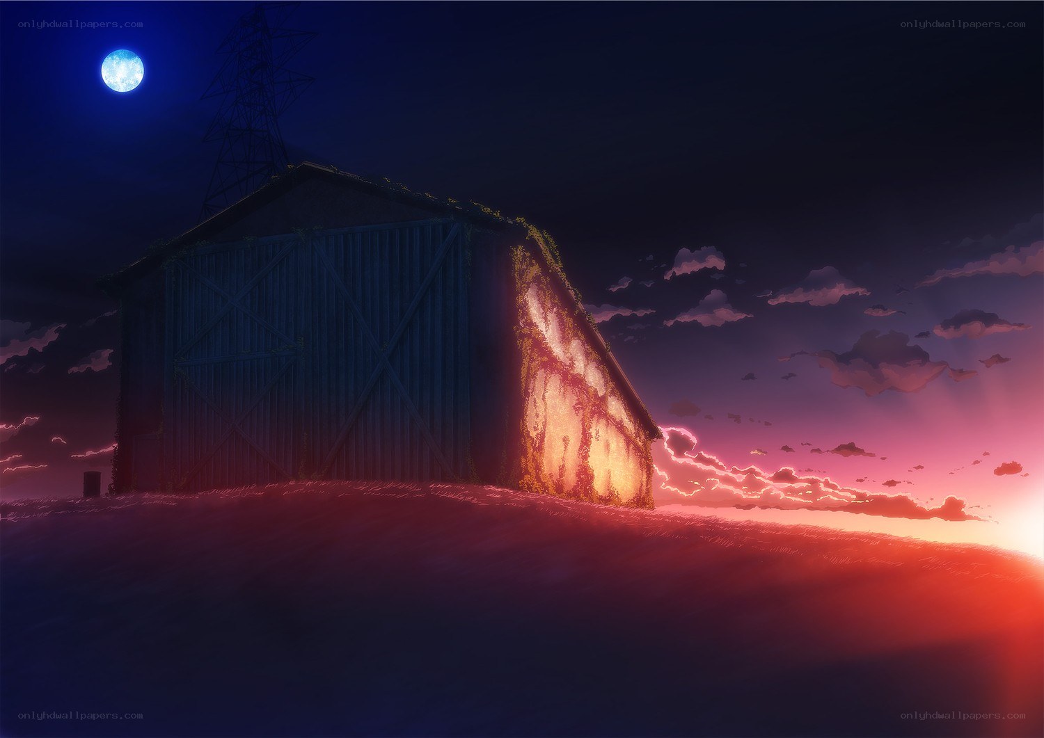 Barn at dusk under a full moon