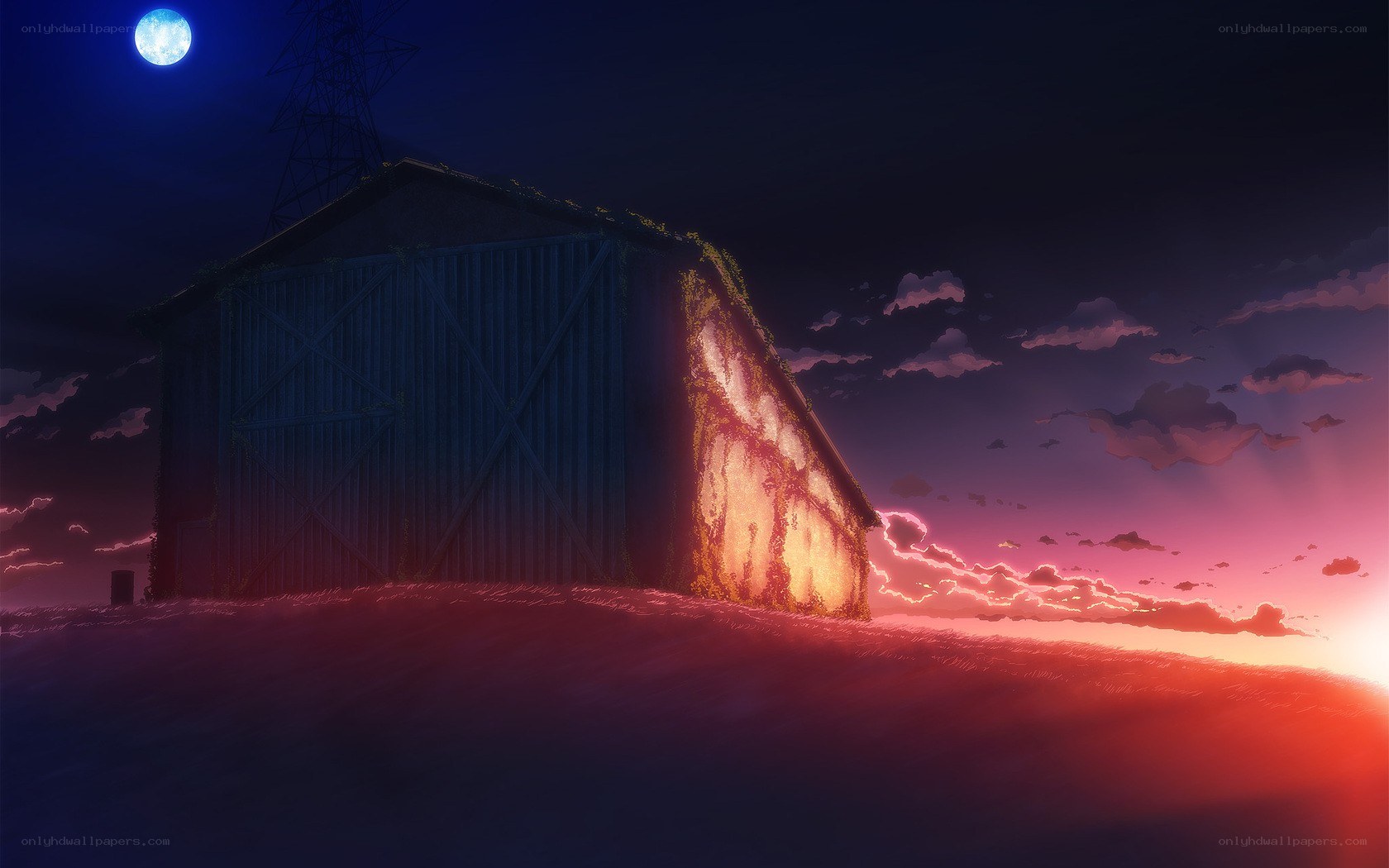 Barn at dusk with glowing wall