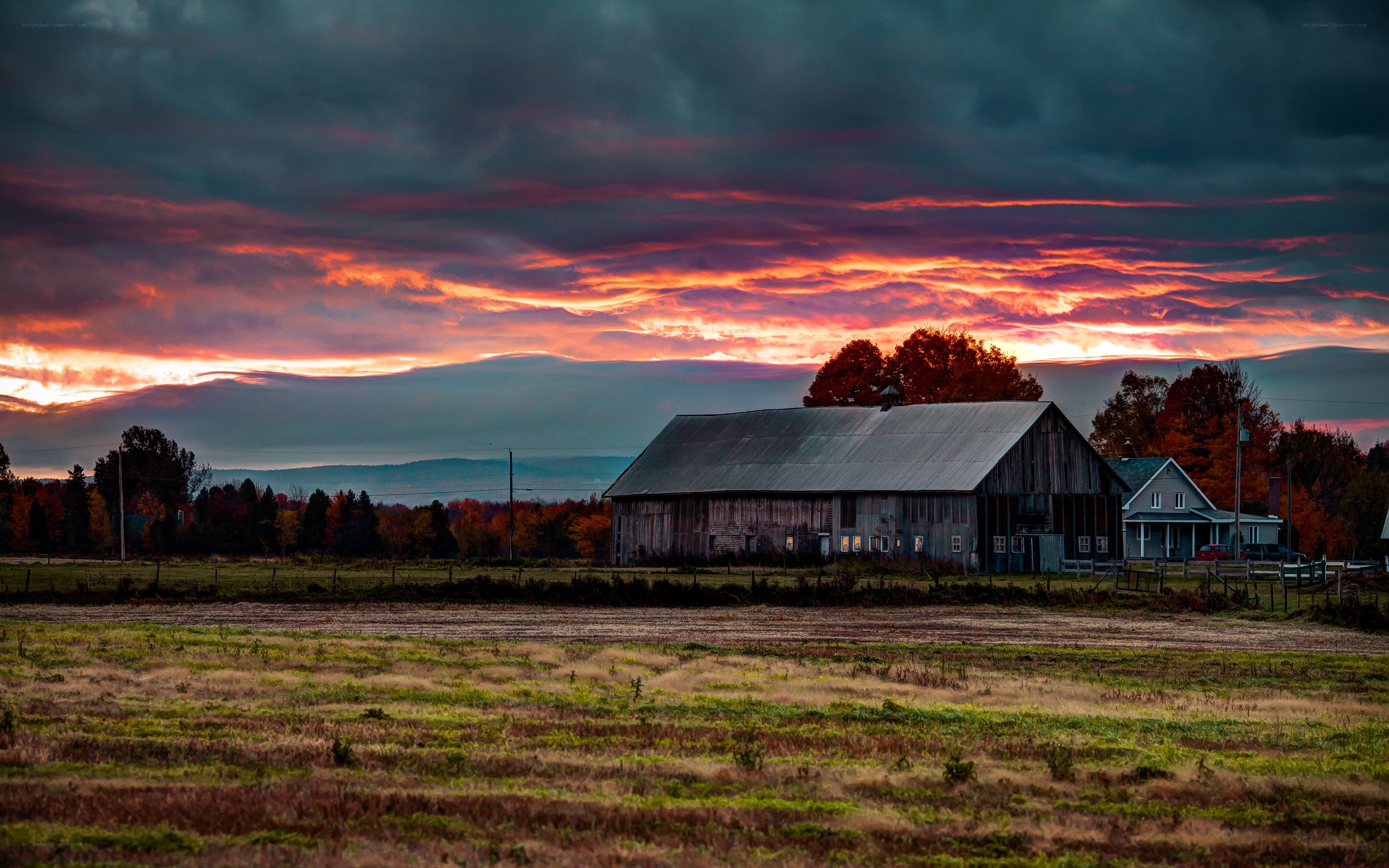 Barn at sunset in autumn
