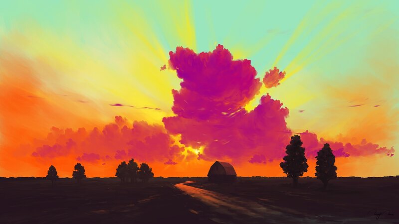 Barn at Sunset — Orange, Dramatic, Digital Art