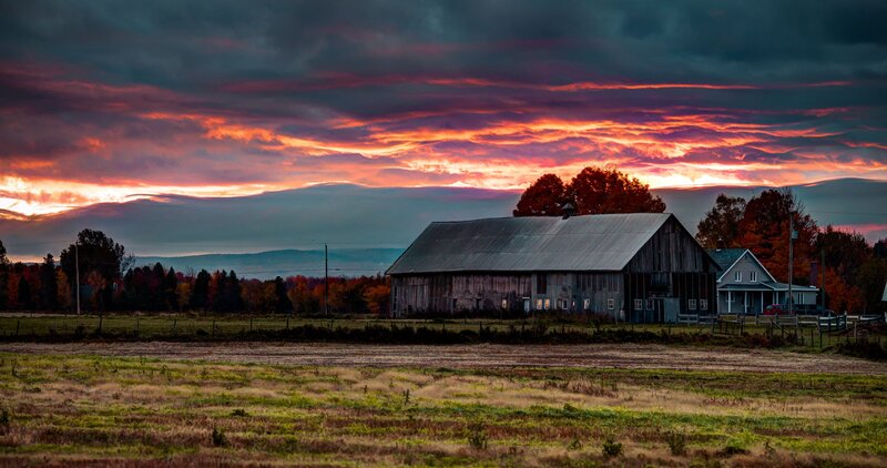 Barn at Sunset — Orange, Dramatic, Photograph, House