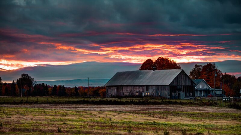 Barn at Sunset — Orange, Dramatic, Photograph
