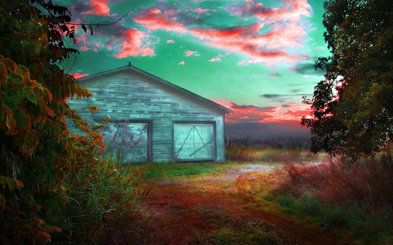 Barn at sunset with vibrant sky