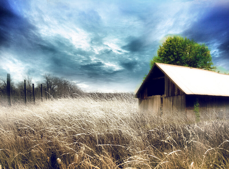 Barn in a field under stormy sky