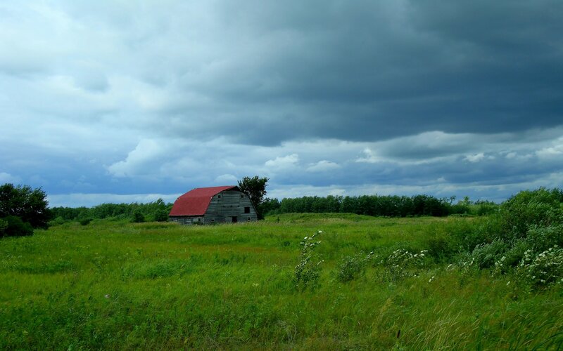 Barn in a stormy field