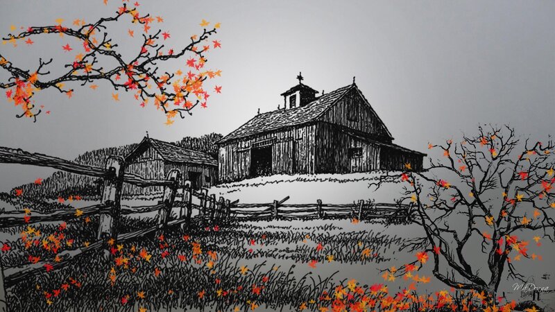 Barn in Autumn Landscape — Black