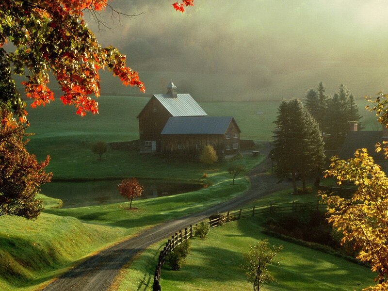 Barn in Autumn Valley — Green, Serene, Photograph, Trees, Pond