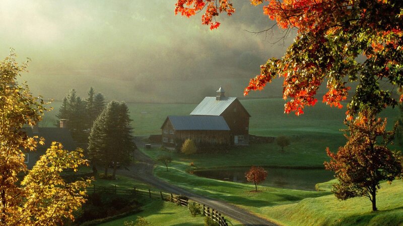 Barn in Autumn Valley — Green, Serene