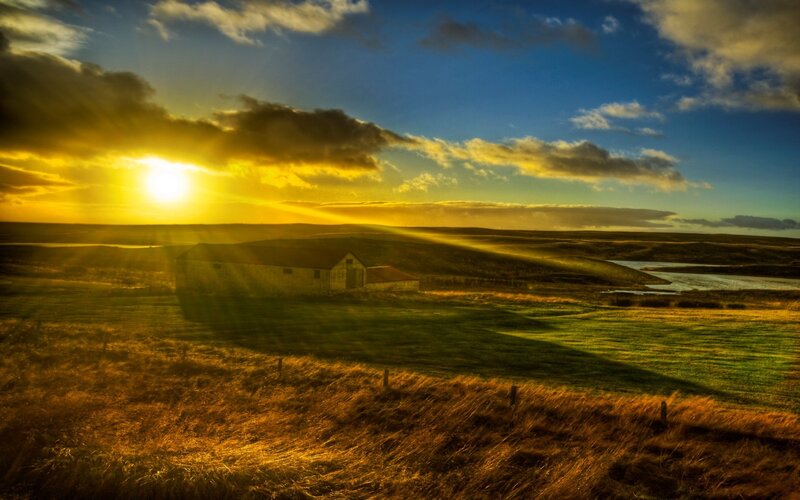Barn in Field at Sunset — Yellow, Dramatic, Photograph, Sun, Clouds
