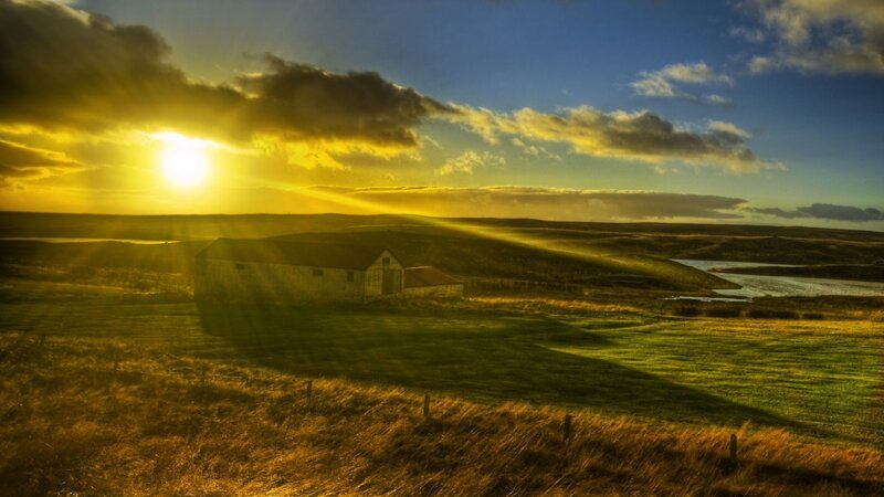 Barn in Field at Sunset — Yellow, Dramatic