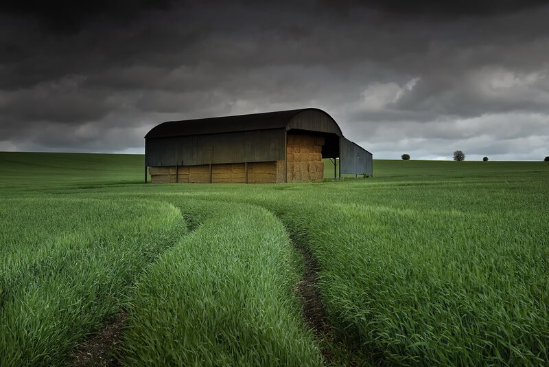 Barn in Green Field — Dramatic, Afternoon