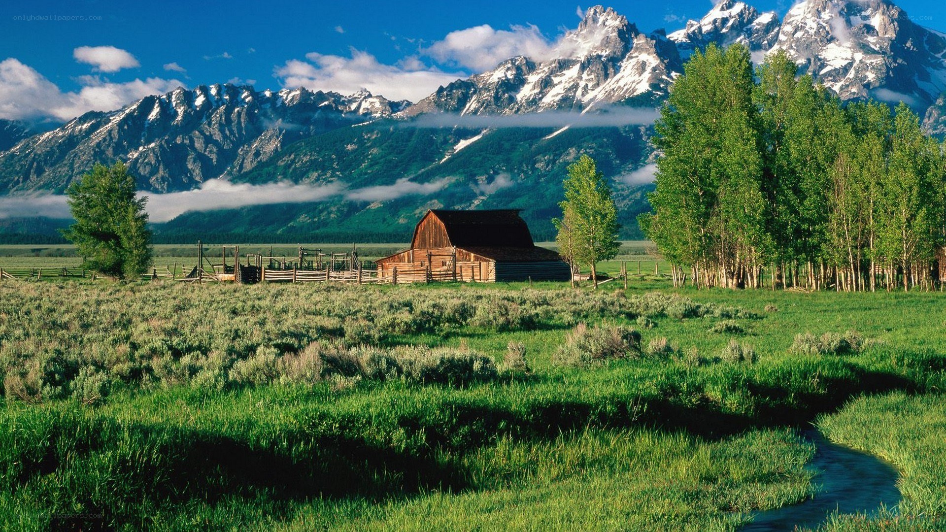 Barn in mountain valley