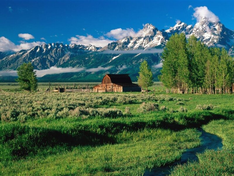 Barn in Mountain Valley — Green, Serene, Morning