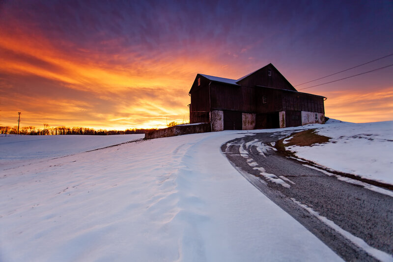 Barn in Snowy Field — Orange