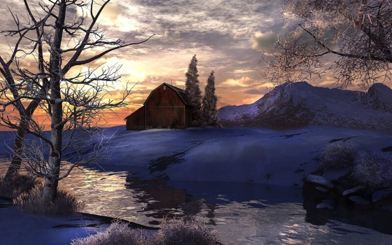 Barn in Snowy Landscape — Blue