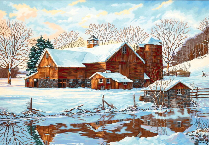 Barn in Winter Landscape — Brown