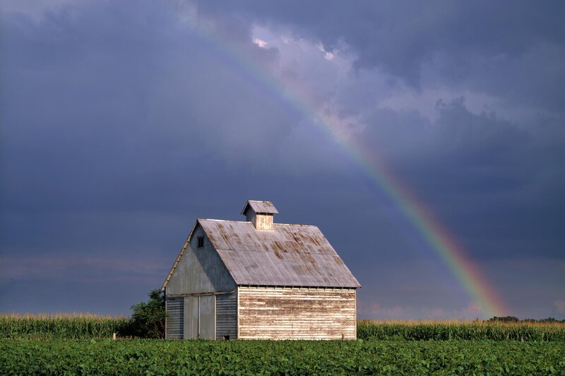 Barn with rainbow in field
