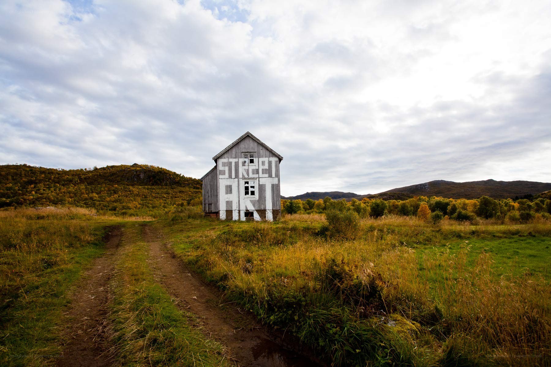 Barn with street art in a field