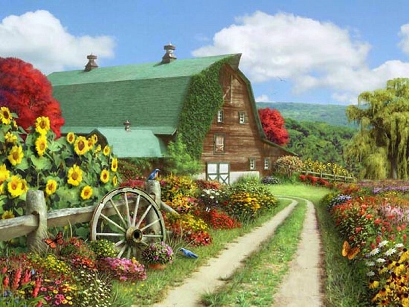 Barn with Sunflowers