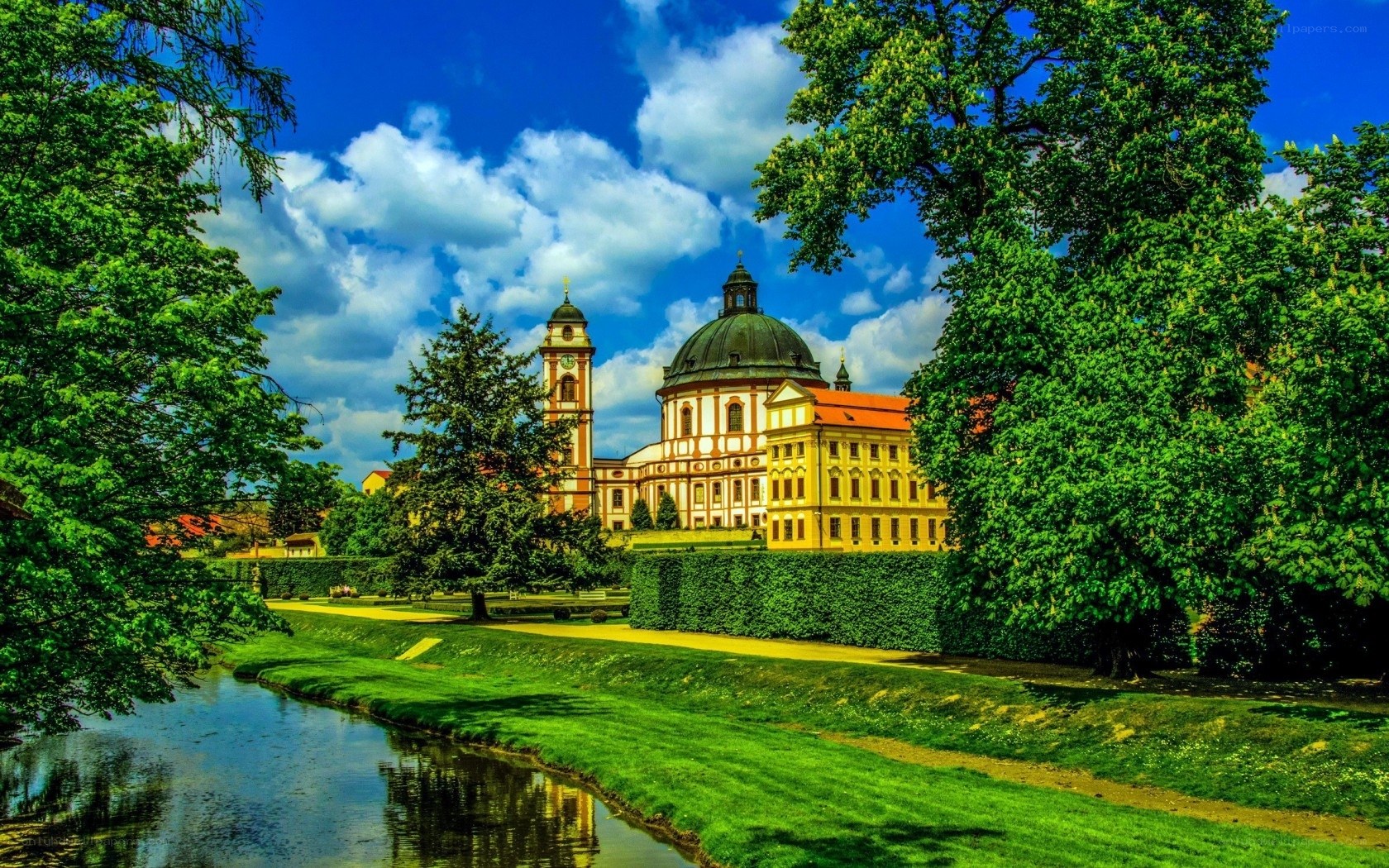 Baroque church by a river