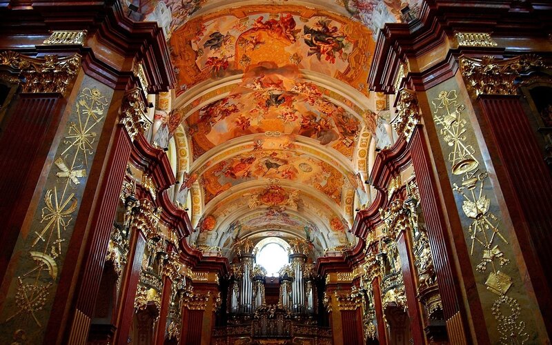 Baroque church interior with frescoes