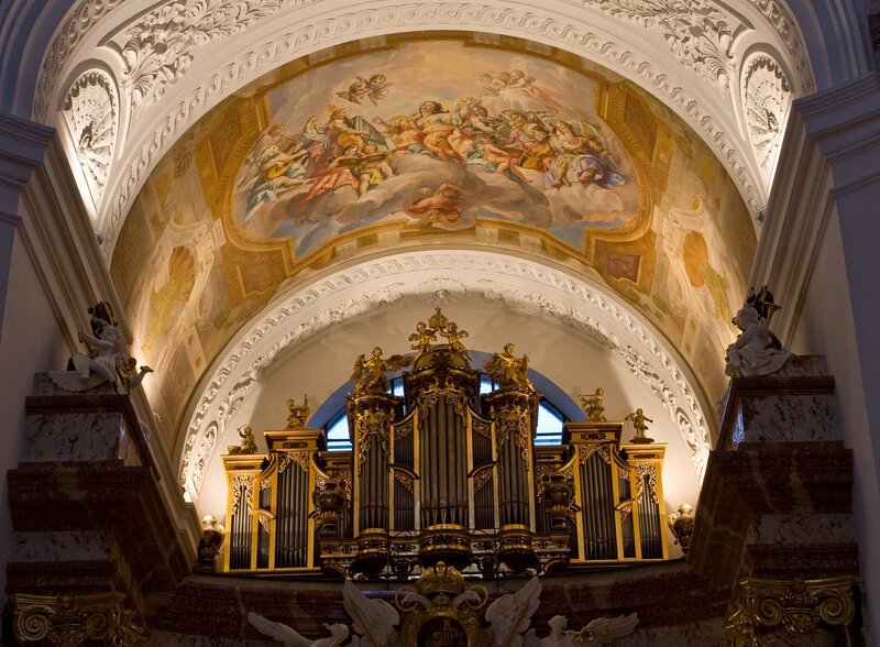 Baroque church interior with organ