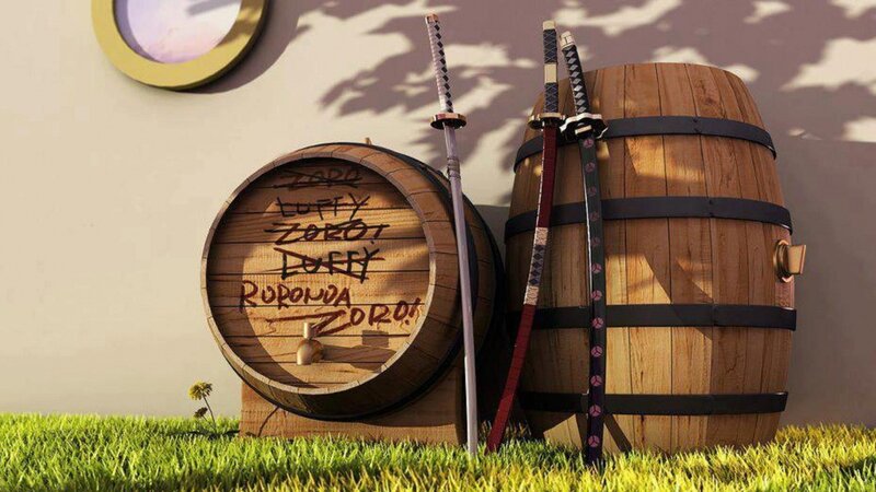 Barrels with swords and graffiti