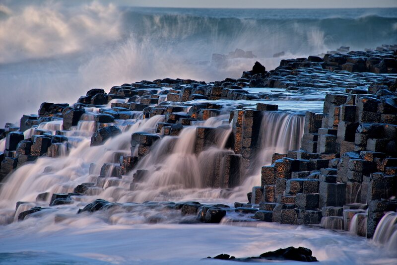 Basalt Columns at Coastline — Blue, Dramatic