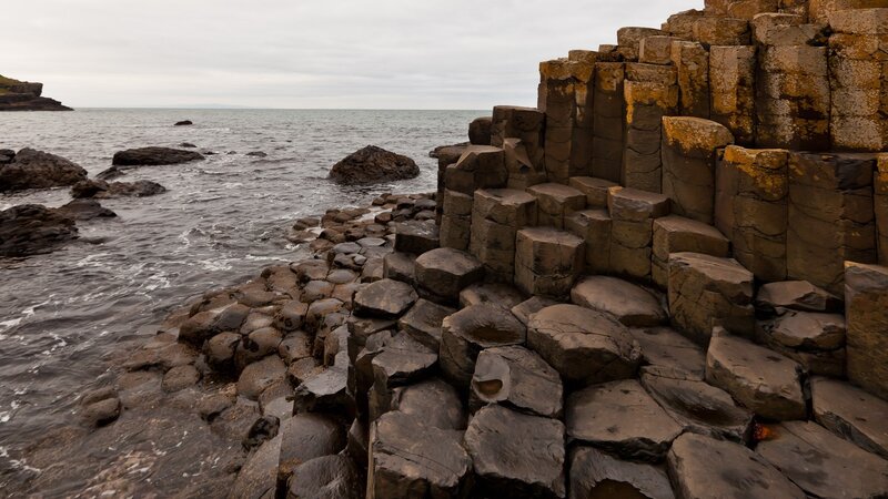 Basalt Columns at Coastline — Gray, Dramatic, Photograph