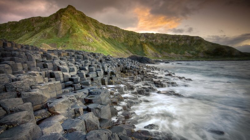Basalt Columns at Coastline — Green, Dramatic, Sunset, Photograph, Mountain, Ocean
