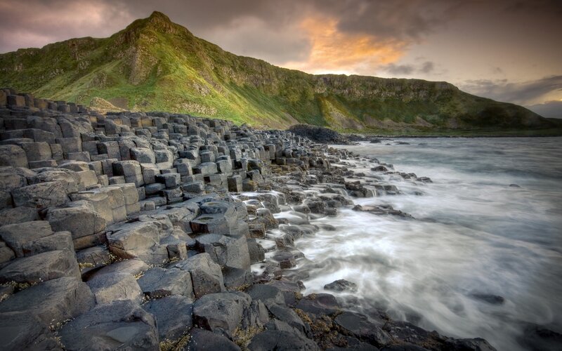 Basalt Columns at Coastline — Green, Dramatic, Sunset, Photograph, Mountain